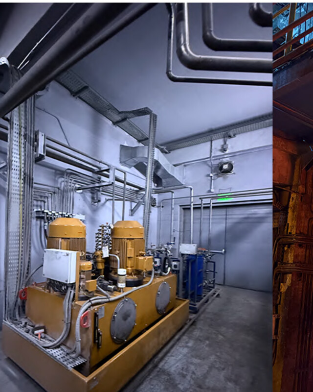 AQSC hydraulic pump units — yellow control skids beneath overhead piping
